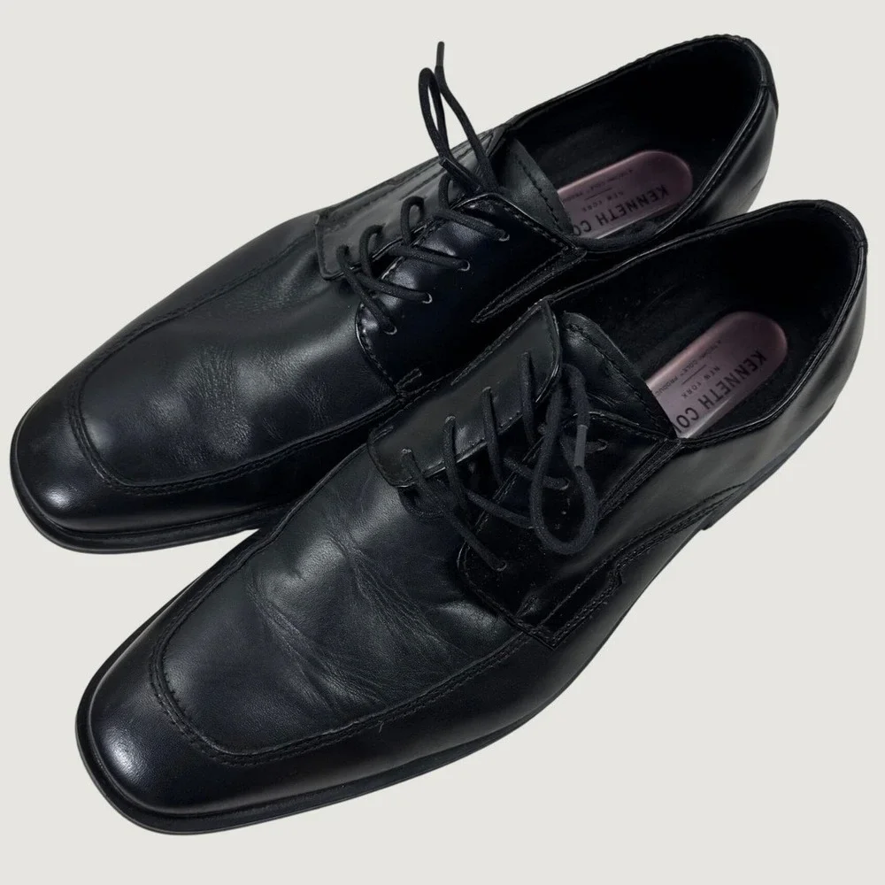 Kenneth Cole Dress Shoes Dice Lace Up B Mens 10.5 Black Leather Apron Toe Oxford